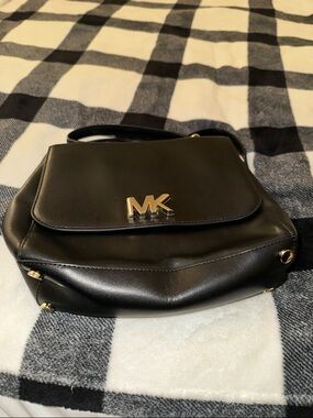 Michael Kors Black Leather Crossbody Bag with Gold MK Logo